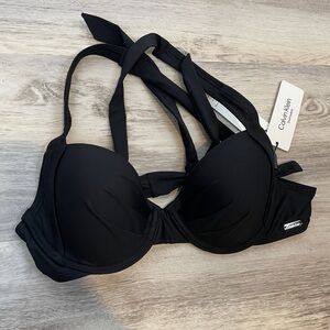 CALVIN KLEIN UPF 50+ Molded Cup Bikini Top Adjustable Straps Swim Black Sz Small